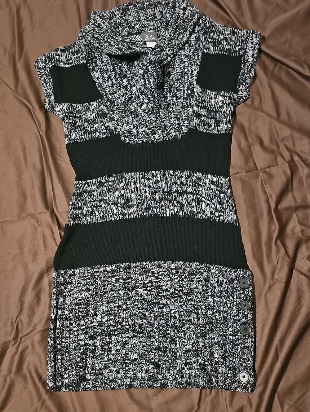 Cowl Neck Black & White Knit Tunic Dress